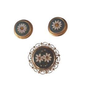 Vintage Estate Demi Parure Italian Micro Mosaic Green Floral Brooch & Earrings